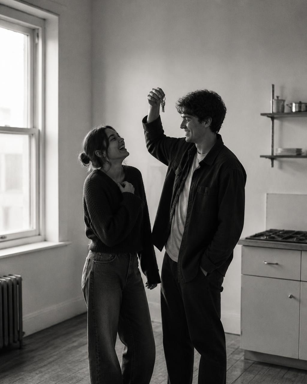Two young adults laughing in a bare kitchen as one holds up a set of keys