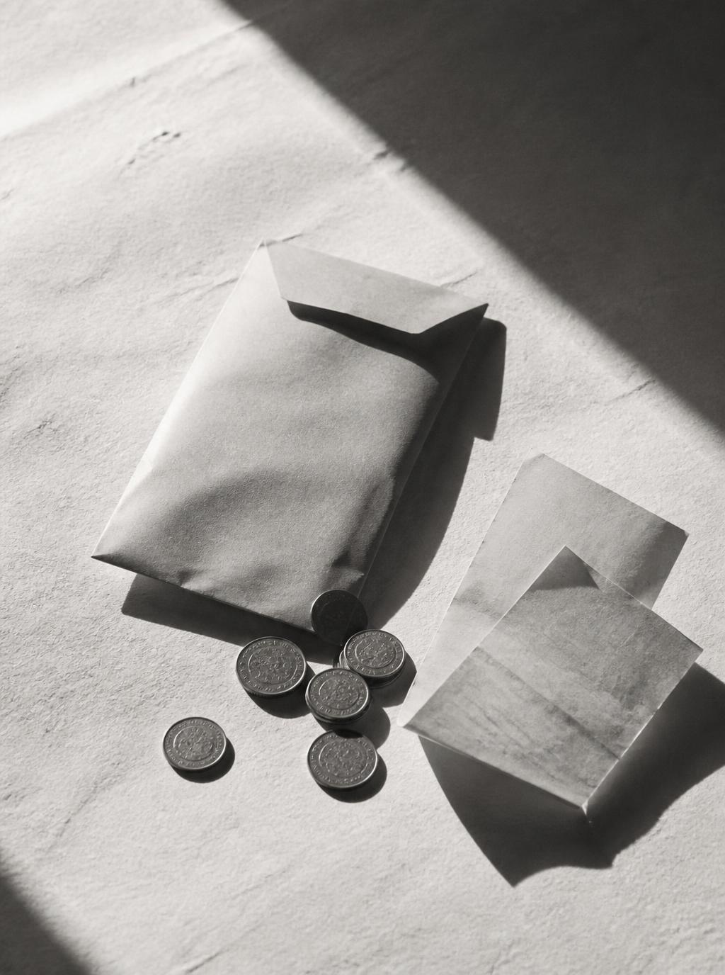 Coins, a paper envelope and a folded receipt in raking light
