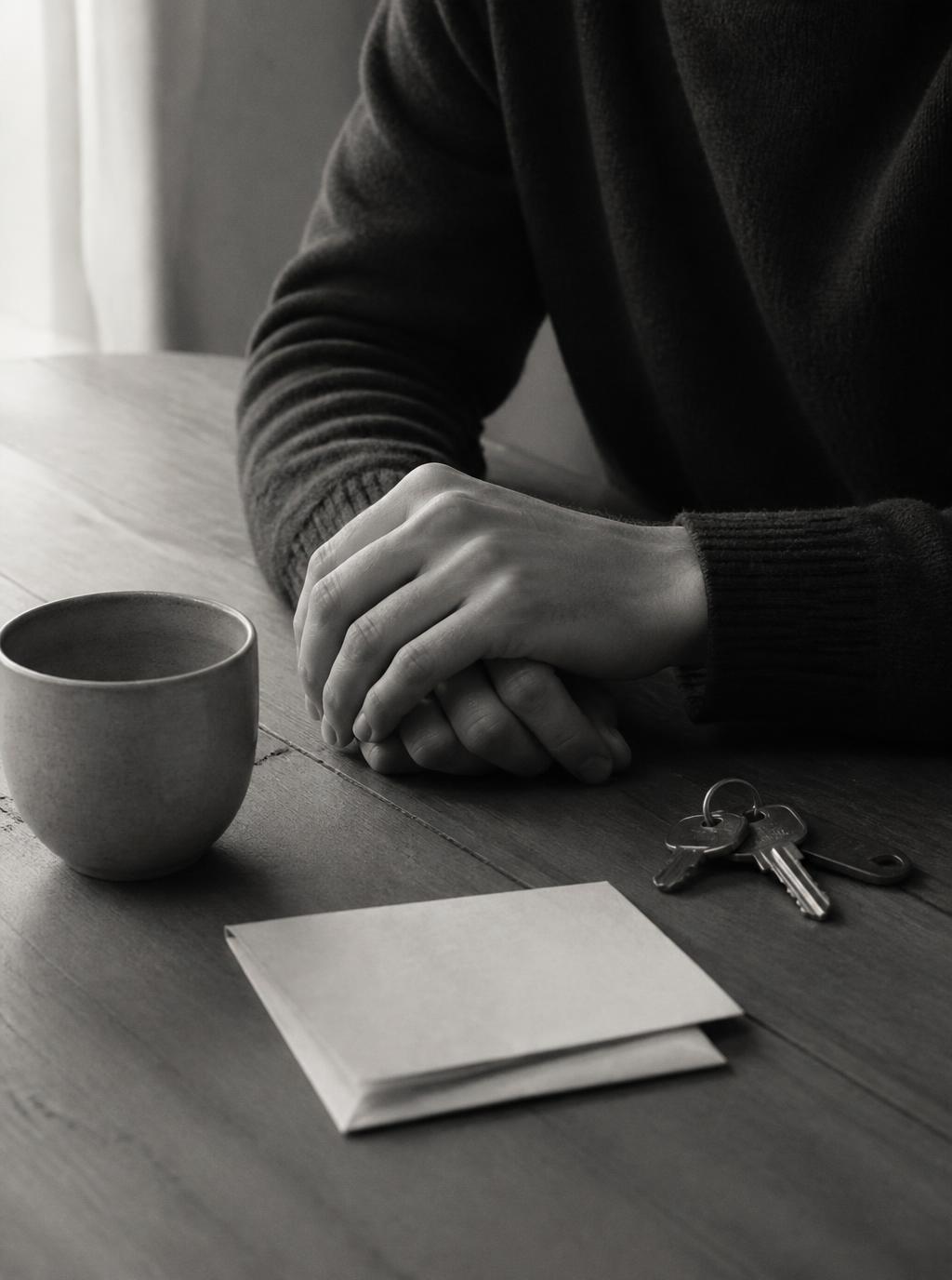Hands resting on a wooden table beside keys, an envelope and a ceramic cup